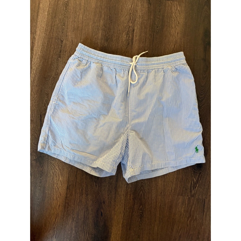 Polo Ralph Lauren Men Blue White Seersucker Striped Swim Trunks Size M